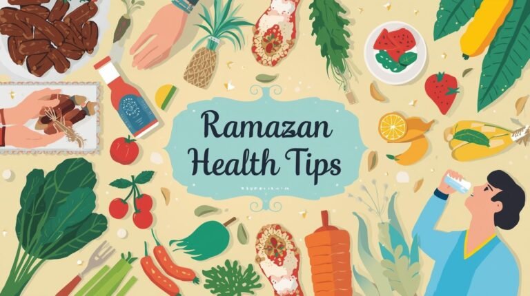 Healthy sehri and iftar food with crescent moon and man drinking water during Ramadan.