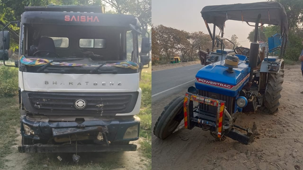 हाईवे पर डंपर और ट्रैक्टर ट्रॉली की टक्कर, मुरादाबाद
