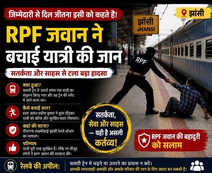 झांसी रेलवे स्टेशन पर RPF जवान द्वारा चलती ट्रेन की चपेट में आने से यात्री की जान बचाने की घटना को दर्शाता सांकेतिक चित्र।