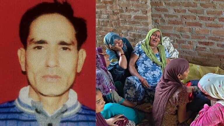 मुरादाबाद के जालपुर निवासी किसान संतोष सिंह की तस्वीर और उनकी मौत के बाद विलाप करते परिजन।