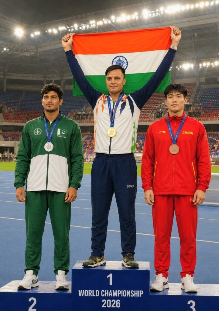 दोहा, कतर में विश्व एथलेटिक्स चैंपियनशिप में स्वर्ण पदक जीतने के बाद भारतीय खिलाड़ी अमित चौधरी।