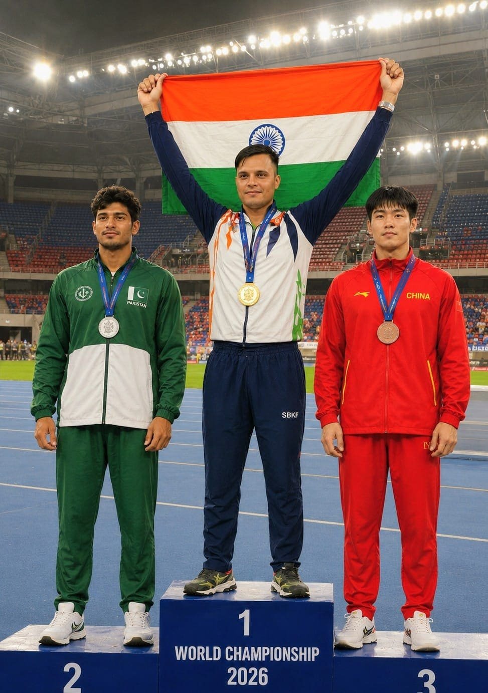 दोहा, कतर में विश्व एथलेटिक्स चैंपियनशिप में स्वर्ण पदक जीतने के बाद भारतीय खिलाड़ी अमित चौधरी।