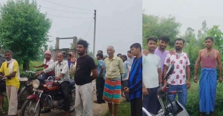 मैनाठेर के नरोदा गांव के श्मशान घाट में फैली गंदगी और बदहाल स्थिति को लेकर एकत्र होकर विरोध जताते ग्रामीण।