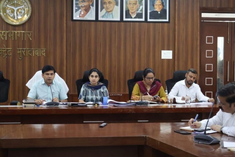 मुरादाबाद में निपुण भारत अभियान की समीक्षा बैठक में अधिकारियों को निर्देश देते जिलाधिकारी डॉ. राजेन्द्र पैंसिया